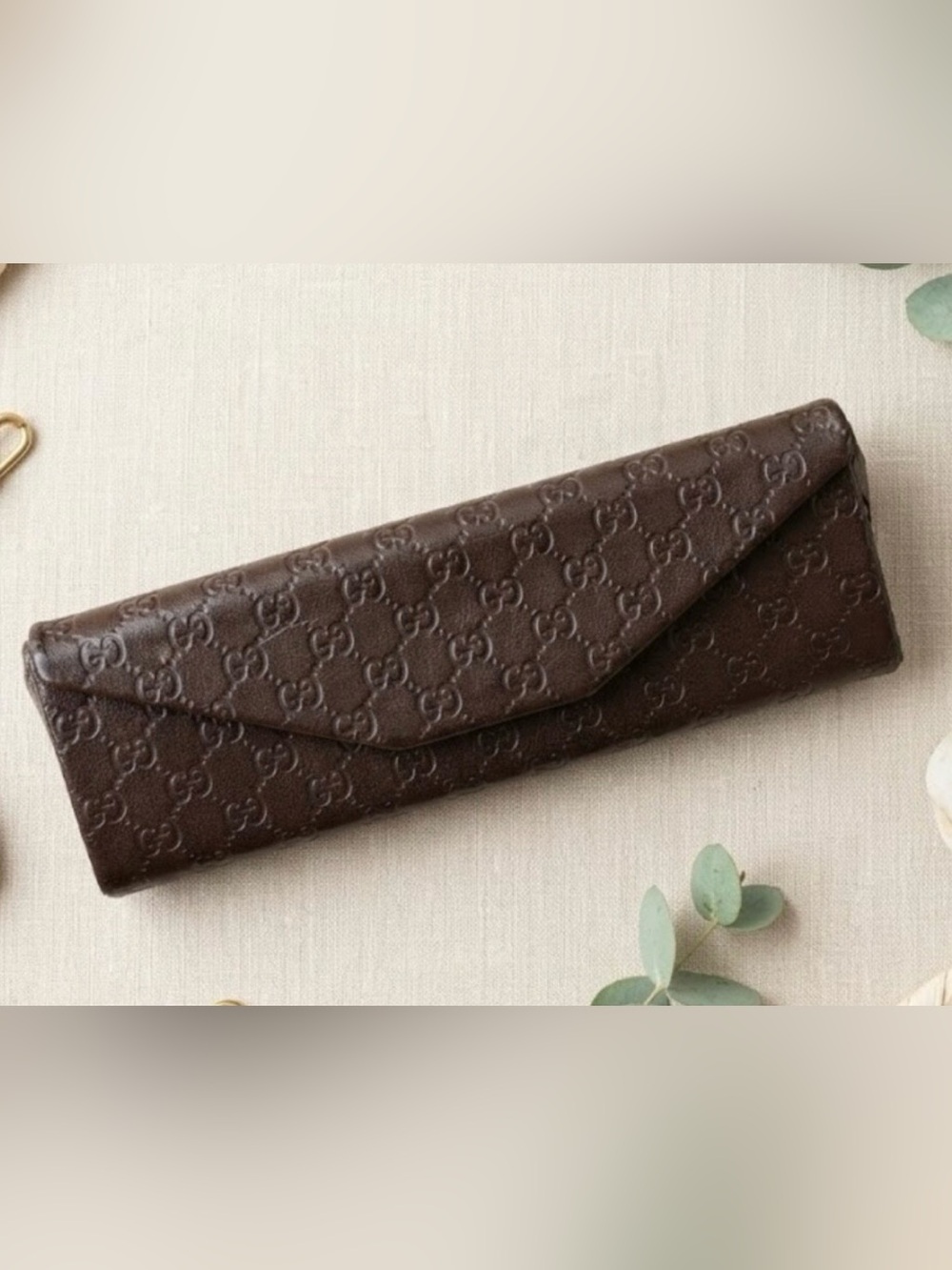 Gucci Embossed Monogram Leather Trifold Glasses case Dark Brown - Picture 1 of 4